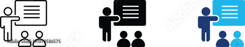 Corporate training icon showing professional educational seminar and business workshop presentation. Professional illustration for employee development programs, and academic lecturing.