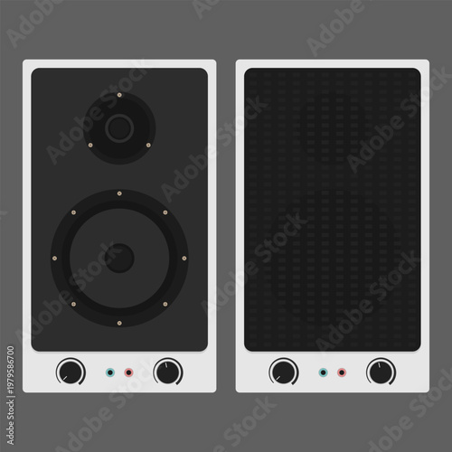 Minimalist PC Speaker Vector Set. Computer audio equipment with exposed internal tweeter and woofer and with protective front mesh grille
