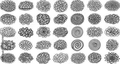 Decorative hand drawn floral ornaments and mandala doodle patterns for coloring book pages artistic design elements and intricate vector illustrations.