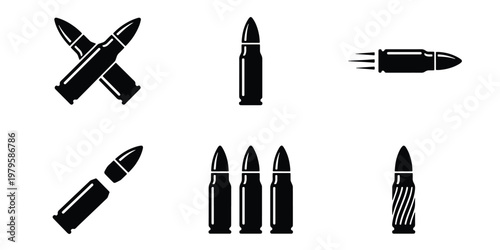 Military bullet icons set, black rifle ammunition vector silhouettes, firearm cartridge symbols for gaming and tactical design, 6 elements