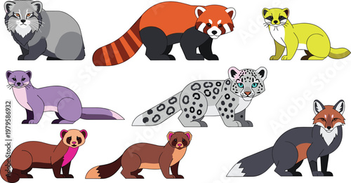 Set of Colorful Wild Animal Vector Illustrations Featuring Fox, Red Panda, Leopard, and Other Creatures with Unique Patterns and Designs