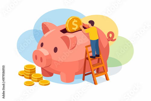 Man putting dollar coin into large piggy bank for financial savings