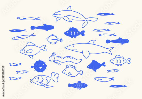 Sea fish and marine life icons. Doodle set in blue line art style. Underwater creatures and ocean fishes. Nautical design and sea theme. Nature and diving. Hand drawn vector on isolated background