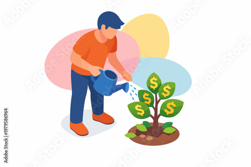 Investment Growth Concept with Man Watering a Money Tree