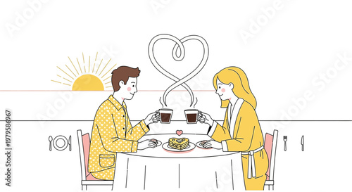 Couple enjoying romantic breakfast, love heart steam from coffee, sunrise.