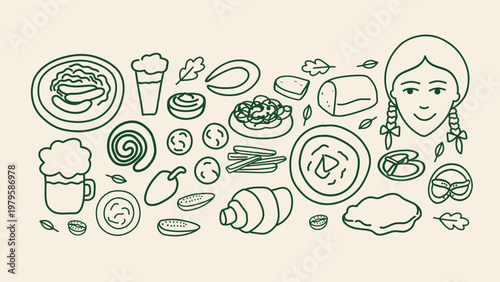 German food and oktoberfest symbols. Vector line art set on isolated background. Bavarian cuisine doodles with beer pretzels, sausages, and girl. For menu, design, gastronomy illustration, card