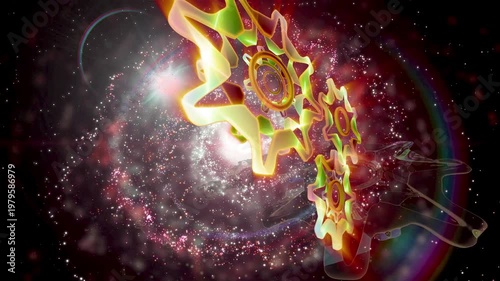 Abstract glowing gears rotating in outer space, surrounded by glowing particles and energy clouds, symbolize movement, technology and dynamic mechanical systems in a futuristic, surreal visual style.
