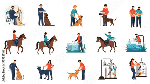 Large collection of scenes depicting people interacting with and caring for diverse animals including dogs, horses, fish, and birds.
