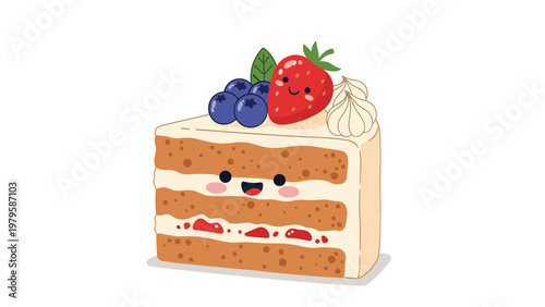 Adoring slice of layered cake featuring cute smiling faces on strawberries and cake filling for playful food concept.