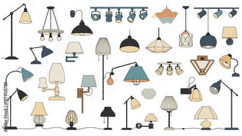 Diverse collection of modern and classic lighting fixtures including floor lamps, table lamps, wall sconces, and ceiling pendants.