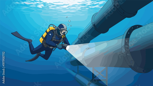 Professional scuba diver performing underwater inspection of large industrial pipes using powerful flashlight in deep blue water.