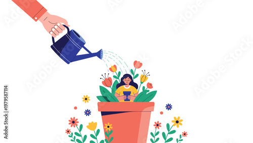 Conceptual illustration of giant hand watering small woman sitting inside flower pot among blooming garden plants.