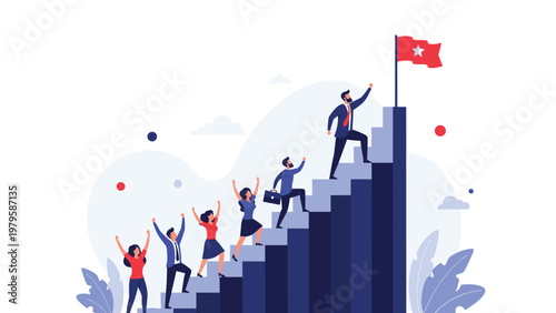 Motivated team of business professionals climbing large staircase toward success and leadership represented by red flag at top.