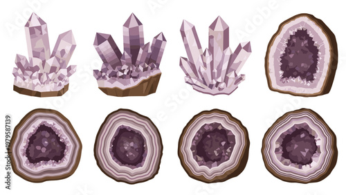 Set of beautiful purple amethyst crystals and cross section geodes showing internal mineral structures and natural patterns.