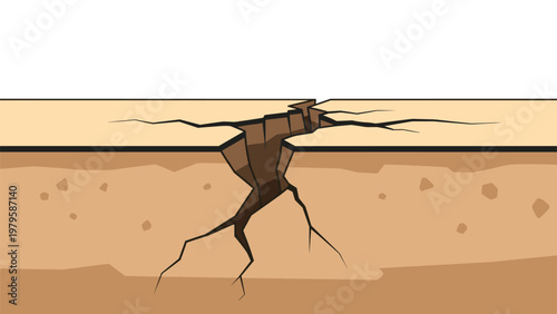 Large deep crack stretching across a dry flat surface showing the geological layers of the earth in a cross section view.