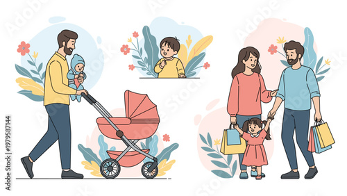 Multiple scenes depicting happy family life including a father pushing a stroller and parents shopping with their young daughter.