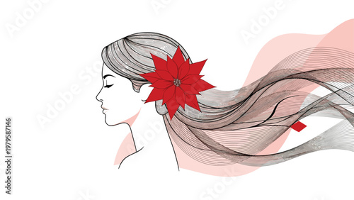 Elegant profile of a beautiful woman featuring long flowing hair adorned with a large vibrant red poinsettia flower.