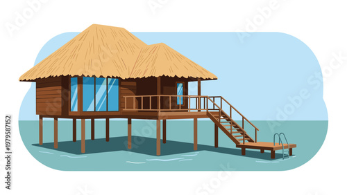 Luxury wooden bungalow built on stilts over clear blue tropical water featuring a thatched roof and private ladder for swimming.