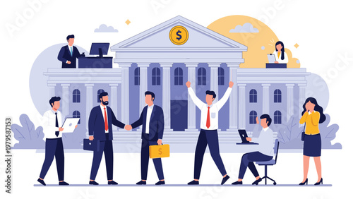 Group of business professionals and bank employees working and making deals in front of a grand neoclassical bank building.
