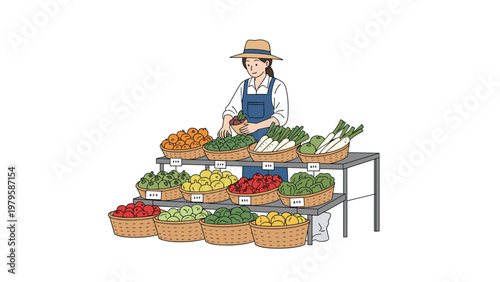 Female vendor wearing a straw hat and apron arranging fresh vegetables in baskets at an outdoor market stall display.