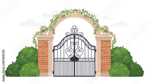 Beautiful wrought iron garden gate framed by a classic brick archway decorated with climbing vines and surrounded by lush green bushes.