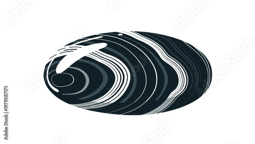 Smooth oval shaped stone featuring an intricate and elegant pattern of swirling black and white marbled lines on its surface.