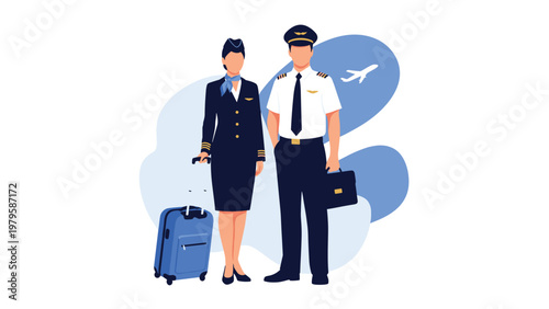 Professional airline flight crew consisting of a female flight attendant and a male pilot standing together in their smart uniforms.