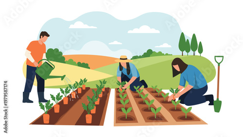 Group of dedicated gardeners working together in a countryside vegetable patch watering and planting fresh organic crops.