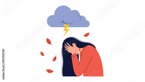 Young woman showing signs of mental distress and sadness while standing under a dark rain cloud with a bright lightning bolt.