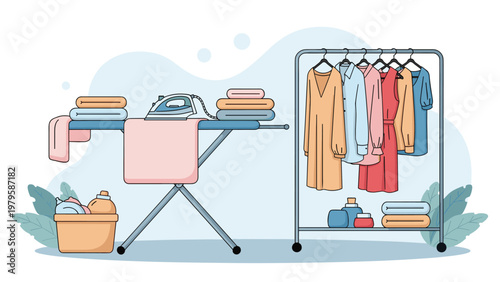 Organized domestic laundry area featuring an ironing board with a steaming iron and a rack filled with colorful hanging clothes.