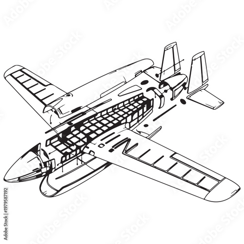 A professional 3d architectural blueprint and vector outline sketch of an airplane concept for a modern engineering project and technology design