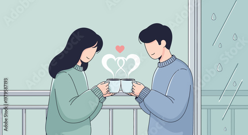 Couple Enjoying Coffee Together, Romantic Heart Steam, Love and Connection