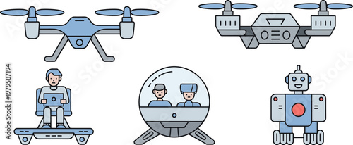 Future technology vector icon set featuring drones robots and flying vehicles with characters for modern transportation and innovation concepts illustration.