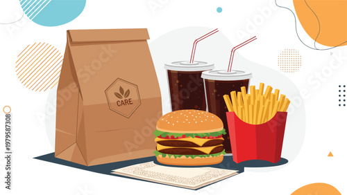 Fast food set including a double cheeseburger, a large portion of french fries, two sodas with straws, and a paper takeout bag.