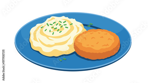 Hearty meal served on a blue plate featuring a mountain of creamy mashed potatoes with chives and a crispy breaded cutlet.