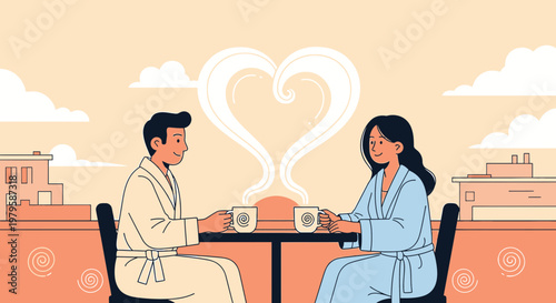 Couple enjoying coffee, steam forming a heart shape, romantic morning illustration
