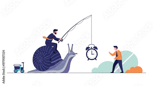 Surrealistic illustration depicts a businessman riding a giant snail while using a fishing rod to catch a ringing alarm clock.