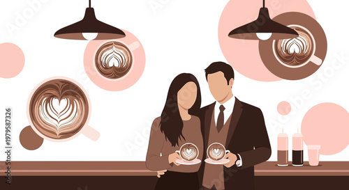 Couple enjoying coffee with latte art hearts, romantic illustration