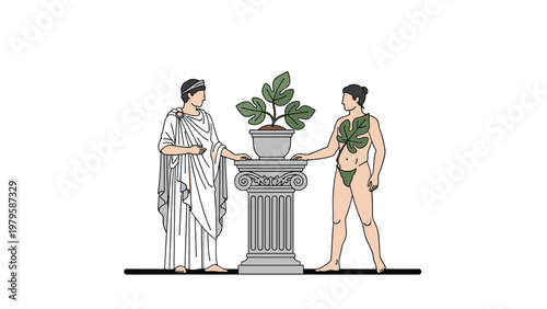 Figures dressed in ancient Roman attire stand beside a classical column holding a potted plant in a minimalist historical scene.