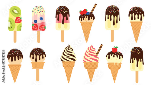 Large variety of delicious ice cream treats includes popsicles with fruit, cones with chocolate sauce, and sundaes with sprinkles.
