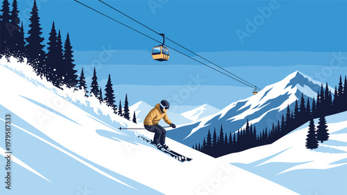 Skillful skier glides down a steep snowy mountain slope with tall pine trees and a cable car operating in the clear blue distance.