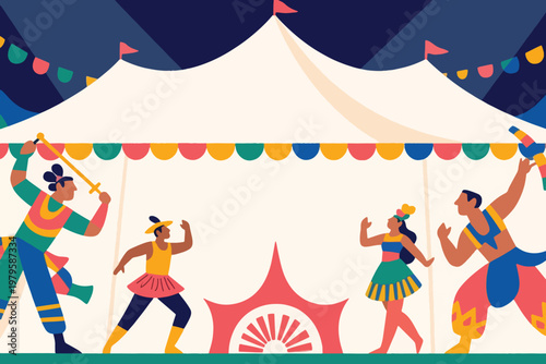 Circus performers in bright costumes dancing in front of colorful tent with flags, festive vector illustration.