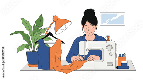 Skilled seamstress works at her desk using a modern sewing machine to create a colorful two tone garment in a bright studio.