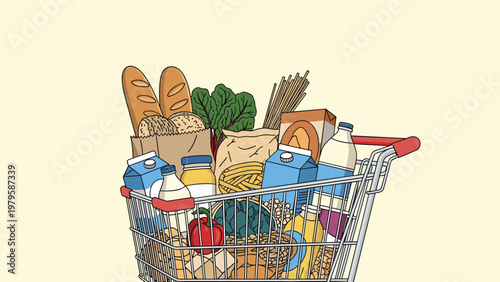 Metal shopping cart is packed with a diverse range of grocery items including bread, milk, vegetables, pasta, and bottled goods.