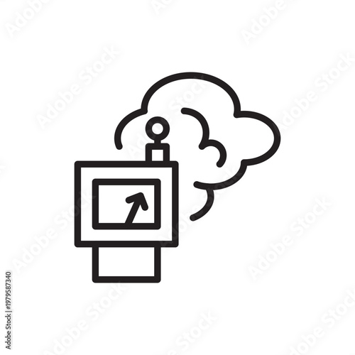 Minimal line vector of industrial control panel with gauge and steam cloud. Clean modern illustration for factory monitoring, pressure systems, automation, and engineering concepts.
