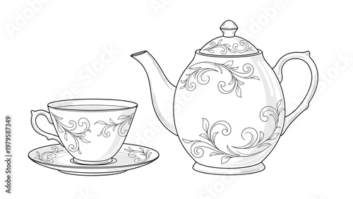 Elegant black and white line art illustrates a decorative ceramic teapot and matching teacup with ornate floral scroll patterns.