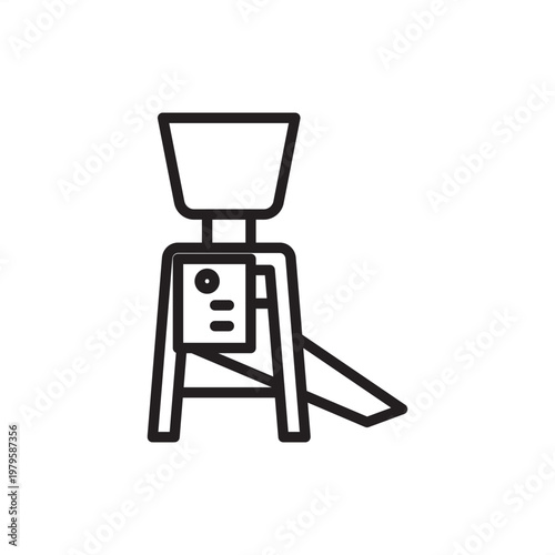 Minimal line vector of a grain mill machine with hopper and chute. Clean modern illustration for agriculture, food processing, milling equipment, and farm technology concepts.