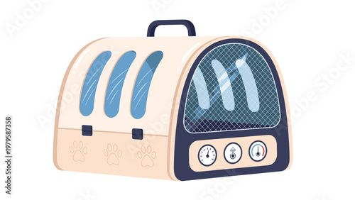 Portable pet carrier designed for travel features paw print decorations and built in gauges to monitor the internal environment.