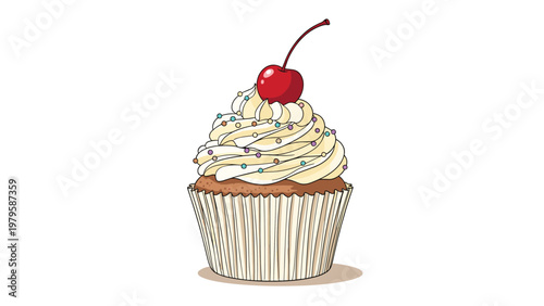 Mouth watering chocolate cupcake is topped with a generous swirl of white vanilla frosting, colorful sprinkles, and a red cherry.