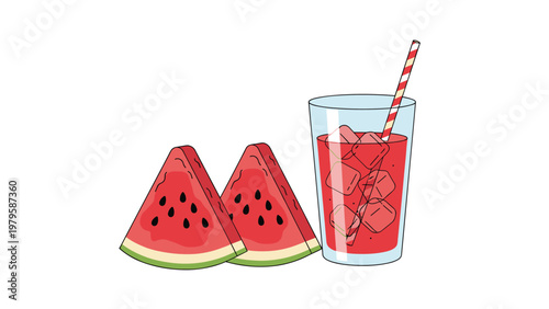 Refreshing summer scene features two slices of ripe watermelon next to a tall glass of red fruit juice with ice and a straw.